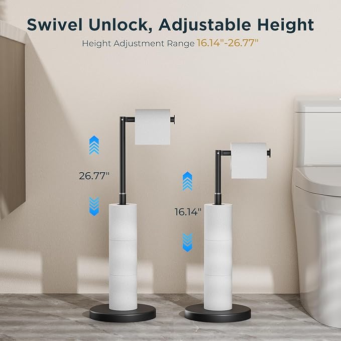 FORIOUS Toilet Paper Holder Stand Adjustable, Stainless Steel Freestanding Toilet Paper Holder with Storage, Bathroom Tissue Roll Stand Storage for 4 Rolls, Matte Black (Pack of 2)
