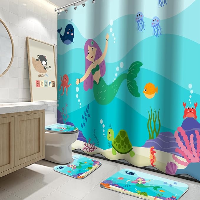 Lnond 4 Pcs Kids Bathroom Shower Curtain Set, Blue Mermaid Bathroom Sets for Kids Bathroom Decoration with Shower Curtain, Non Slip Bathroom Rugs, Toilet Lid Cover, U Toilet Mat and 12 Hooks