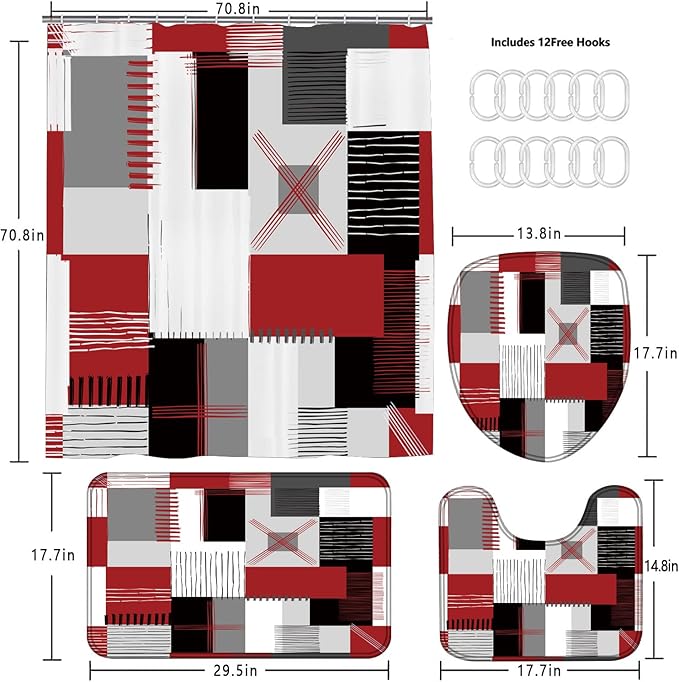 All Smiles Red Shower Curtain Sets with Non-Slip Rugs,Toilet Lid Cover and Bath Mat, Black and Gray Bathroom Decor Set Accessories Waterproof Shower Curtains