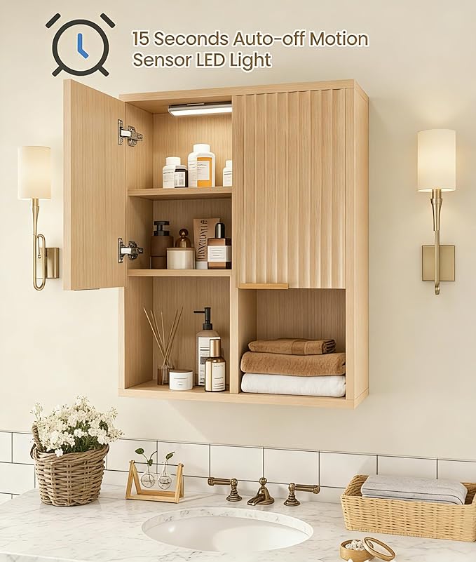 HAIOOU Fluted Bathroom Wall Cabinet with Motion Sensor Light, Curved Profile Wooden Medicine Cabinet Wall Mounted Cupboard, Wave Like Over Toilet Storage Cabinet with Buffering Hinges - Natural