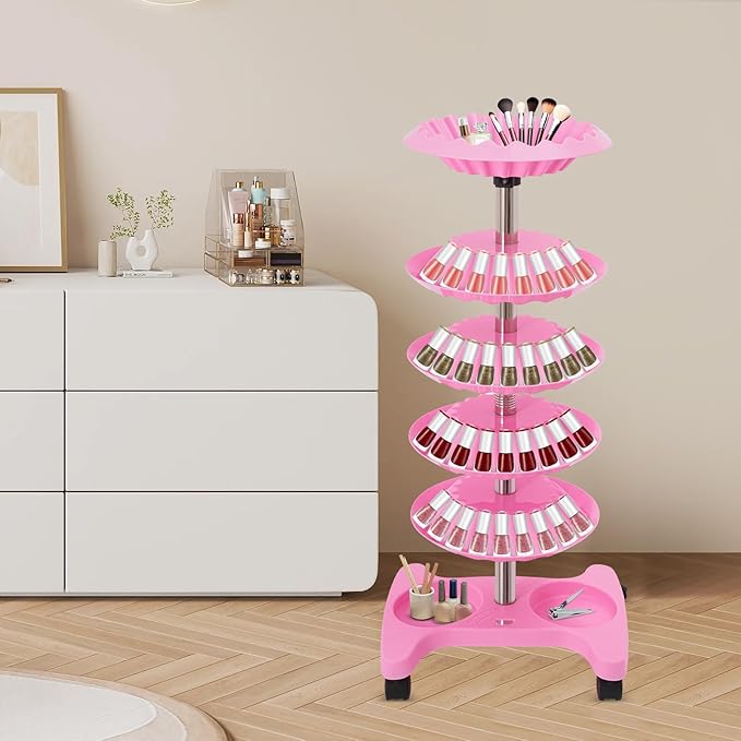 Nail Polish Trolley Organizer, 5 Tiers 360° Rotating Tray Nail Polish Spinning Rack Display Stand with Wheels, Display Rolling Cart for Spa Home Use