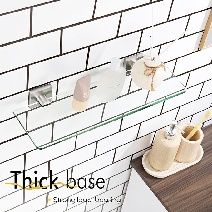 KOKOSIRI Glass Shelf for Bathrooms Wall Mount Floating Shelves 16-Inch for Shower Storage Kitchen Hanging Rack, Brushed Stainless Steel B1107BR-L16