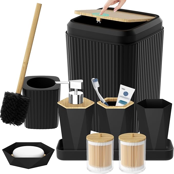 Black Bathroom Accessories Set, Unbreakable Bathroom Set, Trash Can, Toilet Brush with Holder, Soap Dispenser, Toothbrush and Toothpaste Holder, Tumbler, Soap Dish, Qtip Holders, Tray, Bamboo Decor