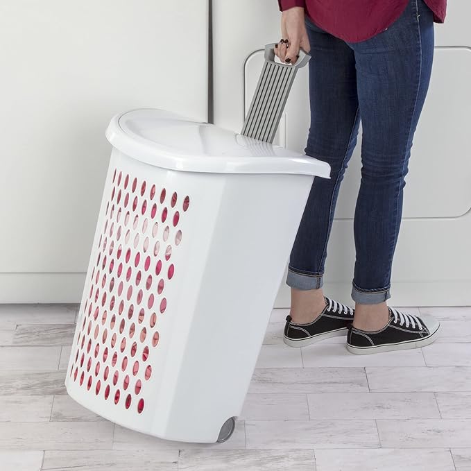 Ultra Wheeled Design Clothes Laundry Basket, Mind Reader Basket Collection，135 Liter （20 1/8" x 15 3/8" x 26 3/4"）Capacity, Laundry Hamper White Lid & Base w/Plastic Handle & Wheels