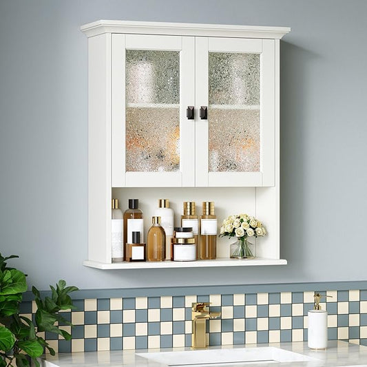 Bathroom Cabinet Wall Mount, Over Toilet Storage Cabinet with Glass Door Build-in Spirit Level Cupboard Hanging Medicine Cabinet for Bathroom Laundry Kitchen Living Room (Cream White)