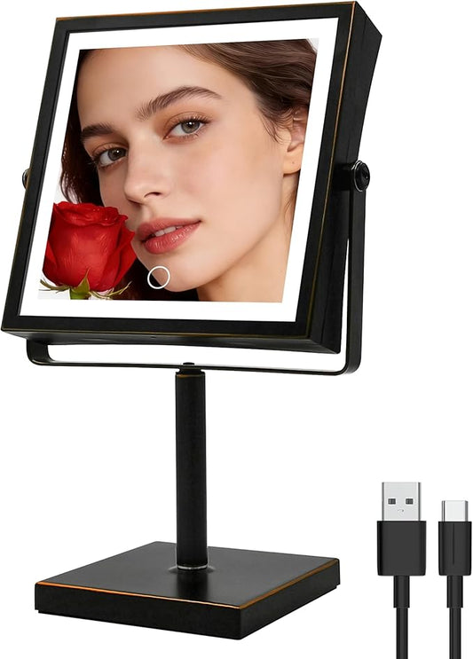 Ruacq Makeup Mirror with Lights, 4000mAh Rechargeable Magnifying Mirror with Light, 1X/10X, Height Adjustable Bathroom Vanity Mirror, 3 Colors, Adjustable Brightness (Oil Rubbed Bronze)