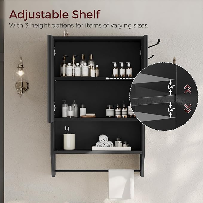 MAHANCRIS Bathroom Wall Cabinet with Mirror, Medicine Cabinet with 2 Door and Adjustable Shelf, Wall Mounted Over The Toilet Storage Cabinet for Bathroom Laundry Room Kitchen, 18.9"W x 26.2"H, Black