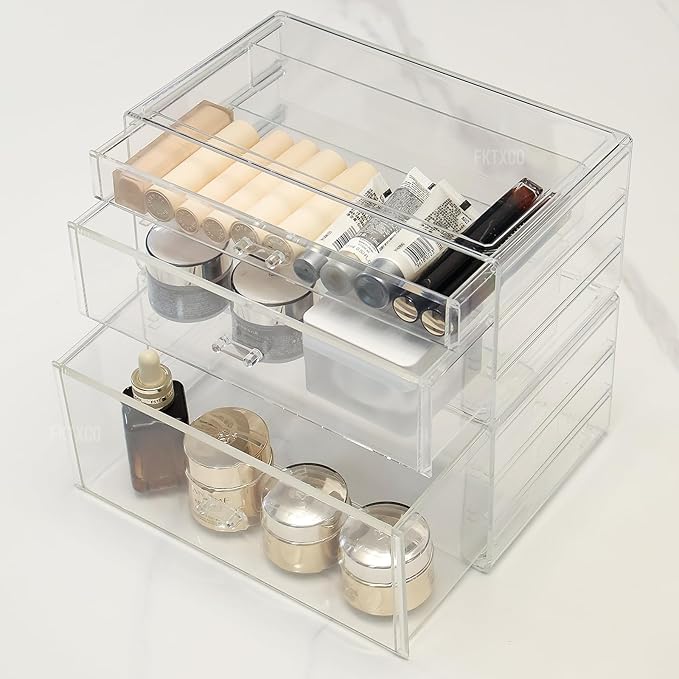 Clear Stackable Makeup Storage Organizer Drawer, Acrylic Plastic Organizers Bins, Vanity Countertop Containers, Cosmetic Holder Display Case for Vanity, Bathroom,Cabinet,Desk Organization