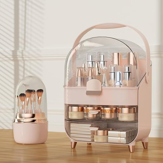 Makeup Organizer Countertop & 360° Rotating Makeup Brush Holder, Skincare Holder with Lid and Drawers, Storage Box Cosmetic Display Cases, Teen Girl Gifts, Vanity, Bathroom Counter, Pink