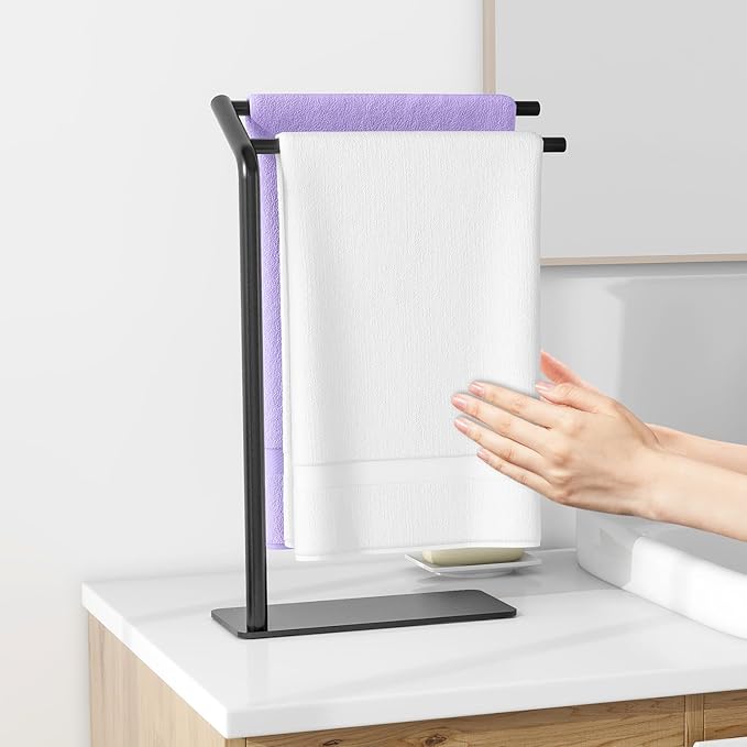 LSK Hand Towel Stand, Black Bathroom Towel Holder Stand, Curved F-Shaped Countertop Towel Stand with Heavy Base, 16.6 Inch