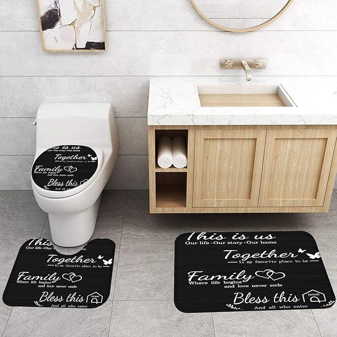 juwute 4Pcs Family Shower Curtain Sets with Non-Slip Rugs, Toilet Lid Cover and Bath Mat, Black Home Bathroom Decor Set Accessories Waterproof Shower Curtains with 12 Hooks, 72 x 72 Inch