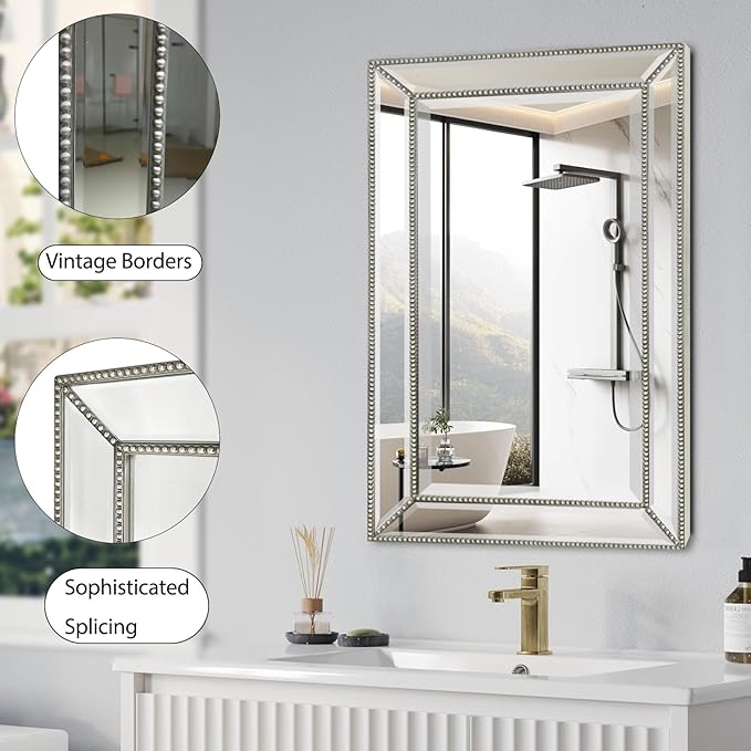 24"x36" Retro Beaded Medicine Cabinet with Beveled Mirror - Wooden Frame, Recessed & Surface Mount Bathroom Storage Cabinet