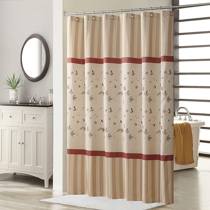 Fabric Floral Shower Curtain, Beige Striped Flower Shower Curtains for Bathroom, Waterproof Bathroom Curtains, 72" W x 72" H