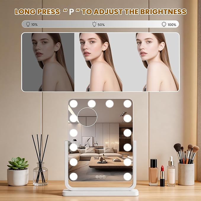 Vanity Mirror with Lights, 18"×15" Hollywood Makeup Mirror with 14 Dimmable Bulbs, 3-Color Lighting, Dimmable, 360° Rotation, 10x Magnification, Desk Mirror, Bedroom (White)