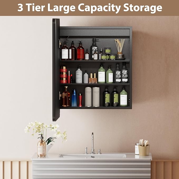 LOVMOR Led Medicine Cabinet with Mirror, Bathroom Vanity Mirror Cabinet with Shelves, 3-Color Lights Dimmer, Black 24" H x 16" W