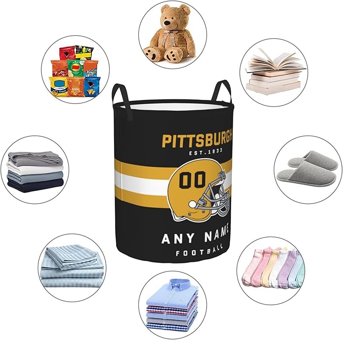 Custom Pittsburgh Laundry Hamper - Personalized Football Style Laundry Basket - Customized Name And Number - Dirty Clothes Hamper Waterproof Large Capacity Hamper for Bedroom Bathroom Living Room