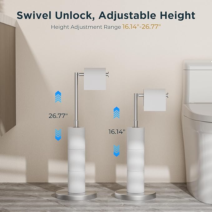 FORIOUS Toilet Paper Holder Stand Adjustable, Stainless Steel Freestanding Toilet Paper Holder with Storage, Bathroom Tissue Roll Stand Storage for 4 Rolls, Brushed Nickel (Pack of 2)