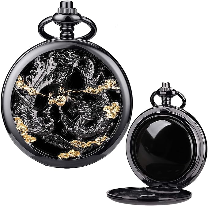 ManChDa Scrying Mirror Black Obsidian Mirror Lucky Dragon & Phoenix Pocket Watch Shell Witchcraft Kit Wiccan Supplies and Tools Witchy Gifts, Black Gold