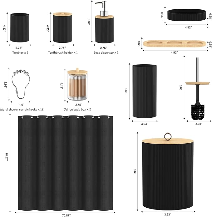 Bathroom Accessories Set 22 Pcs, Complete Bathroom Decor Set with Shower Curtain, Hooks, Waste Bin, Soap Dispenser, Toothbrush Holder, Black Bathroom Accessory Kit for Home Decor