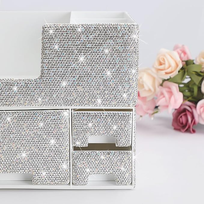 Luxury Bling Rhinestone Multi-functional Makeup and Daily Necessities Storage Box Organizer with Drawers - Large Capacity, Versatile Desktop Cosmetic Organizer (Silver)