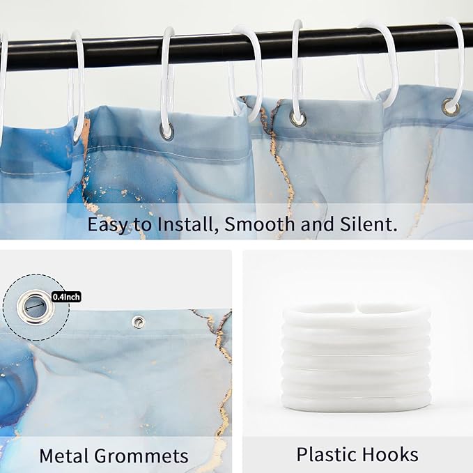 Gibelle Extra Long Shower Curtain 72 x 84, Tall Abstract Blue Grey Marble Shower Curtain, Modern Ink Art Waterproof Fabric Shower Curtain Set with Hooks