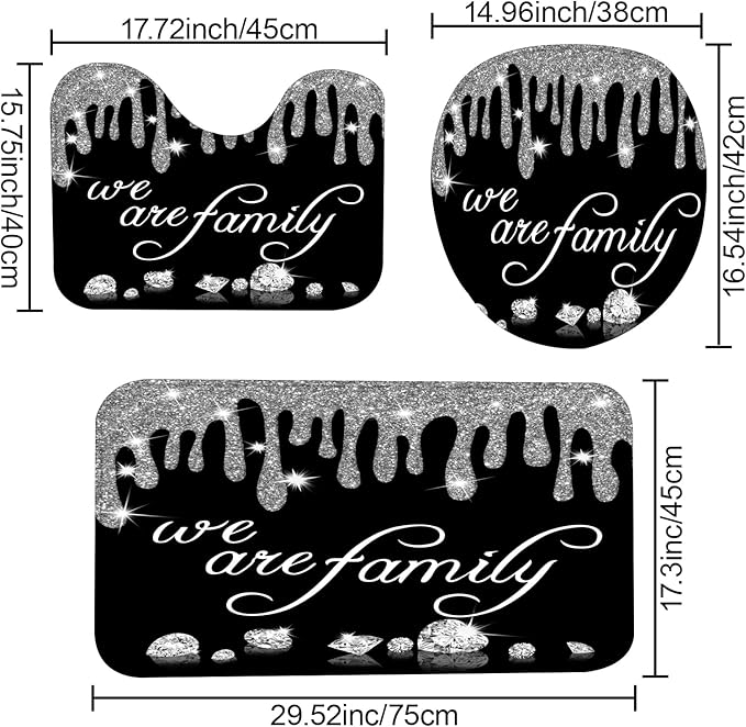 4Pcs Family Glitter Diamond Shower Curtain Sets, Black Famliy Shower Curtain with Toilet Lid Cover and Rugs, Luxury Bling Shiny Shower Curtains for Home Bathroom Set Decor with 12 Hooks, 72 x 72 inch