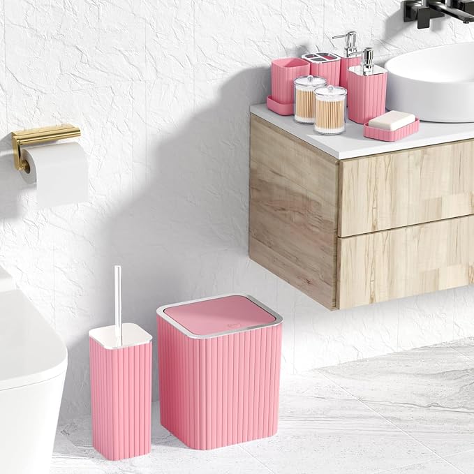 XLHOMO Pink Bathroom Accessories Set - Gorgeous Bathroom Set, 10PC Bathroom Accessory Set, Toilet Brush, Trash Can, Qtip Holder & Soap Dispenser