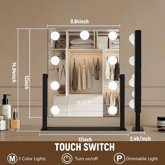 Moonee Black Vanity Mirror with Lights, Hollywood Lighted Makeup Mirror with 9 Dimmable Bulbs and 10X Magnification 360°Rotation, 3 Colors Modes, Light Up Mirror for Tabletop（12" x 14"）