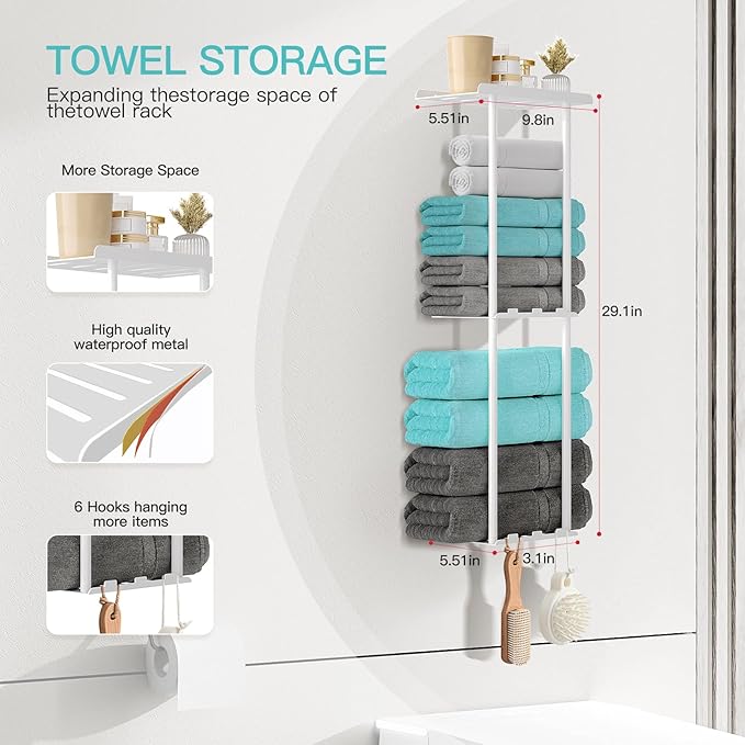 Towel Racks for Bathroom, 3 Tier Metal Towel Holder, with Shelf & 6 Hooks, 29 inch Wall Mounted Towel Storage, 6 Large Bath Towels Capacity,Small Bathroom Towel Rack for Rolled Towels, White