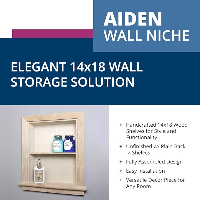 Fox Hollow Furnishings 14x18 Aiden Recessed Wall Niche Medicine Cabinet Replacement, in The Wall Bathroom Cabinet Insert Shelf/Shelves, Made in North America, Real Wood, NO MDF, Plain, Unfinished