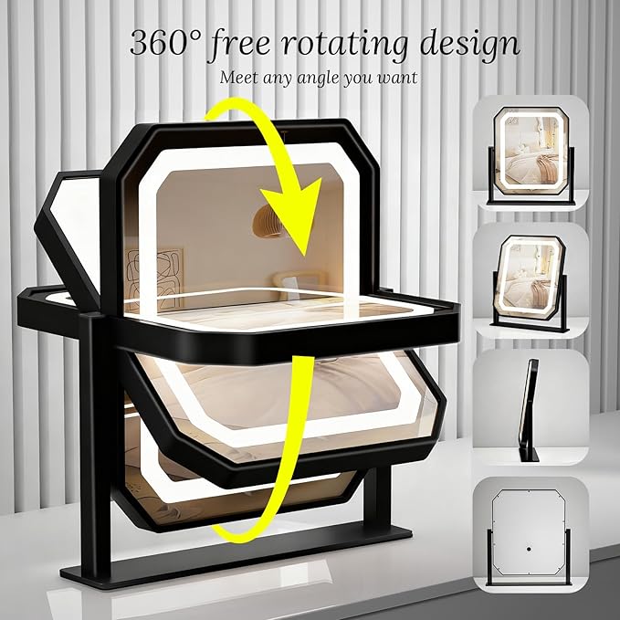 Lighted Makeup Mirror, 3 Colors for Precise Application, Touch Control Brightness Adjustment for Easy Use, with a Detachable 10x Magnifying Mirror, 12“ x 10” Hollywood Vanity Mirror for Plug-in Use
