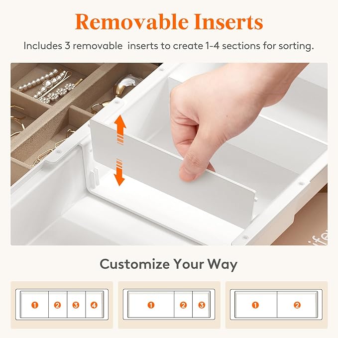 Lifewit Sliding Makeup Drawer Organizer, Fits 13-20" Deep Drawers, Extendable Hanging Divider, 1.8" High Plastic Tray for Vanity, Office, Kitchen, White,1Pcs