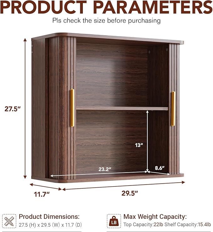 Furnaza Bathroom Wall Cabinet with Fluted Sliding Door, 29.5" W Medicine Cabinet with Adjustable Shelf, Wall Mounted Storage Cabinet for Laundry Room Kitchen, 11.7" D x 29.5" W x 27.68" H