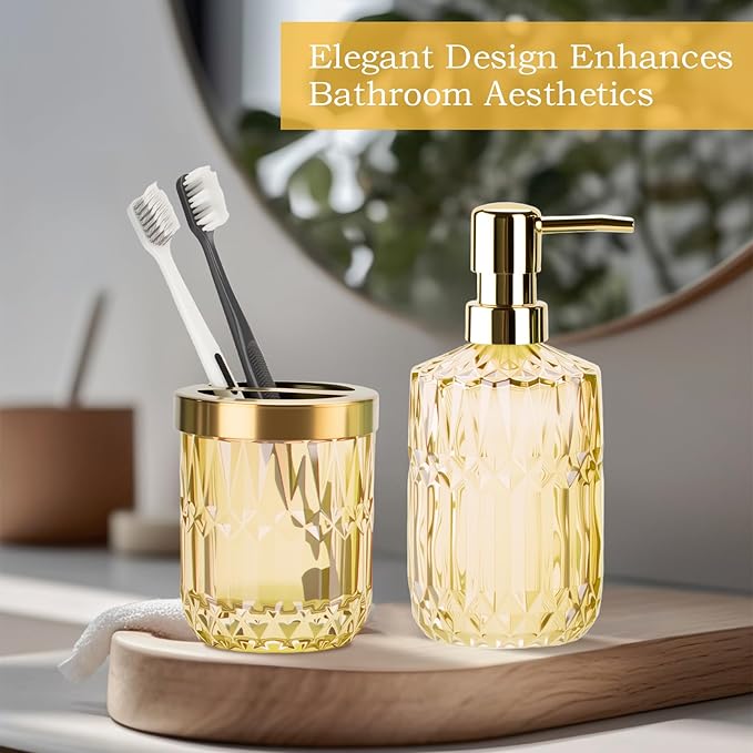 Glass Bathroom Accessories Set, 2PCS Clear Glass Bathroom Accessory, Toothbrush Holder and Soap Dispenser Set for Modern Bathroom Decor(Clear Gold)