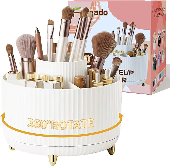 fanado 360?? Rotate Makeup Brush Holder Organizer, Makeup Organizers Countertop, Makeup organization and Skincare Storage for Vanity, Desktop, Bathroom (White-1)