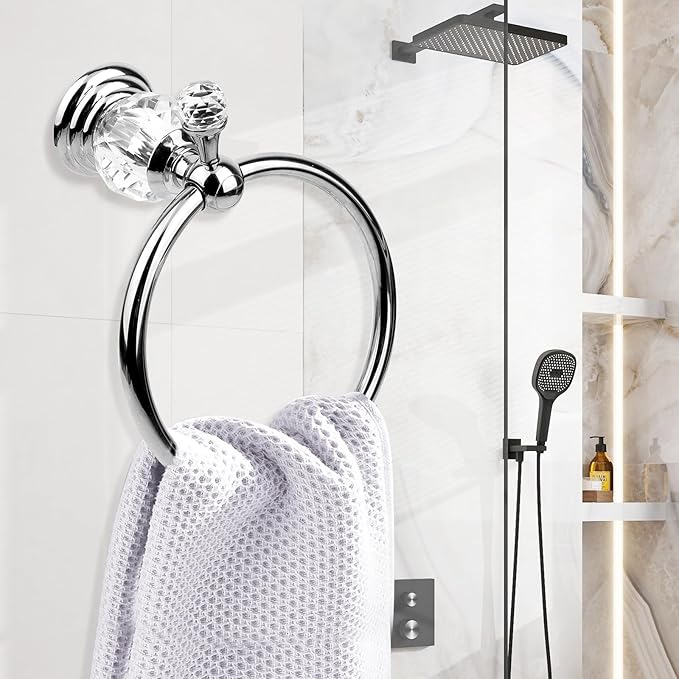 2 Pieces Sets Silver Crystal Series Toilet Paper Holder Wall Mouted Towel Ring, Gold Round Hand Towel Rack Decorative for Bathrooms