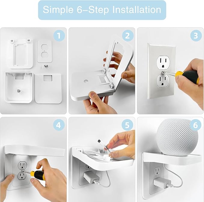 Outlet Shelf with Cord Storage, No-Drill Wall Outlet Shelf for Smart Displays & Devices, Outlet Shelf Mount for Bathroom Kitchen Bedroom, Fits Duplex Outlets (White, 2Pack)