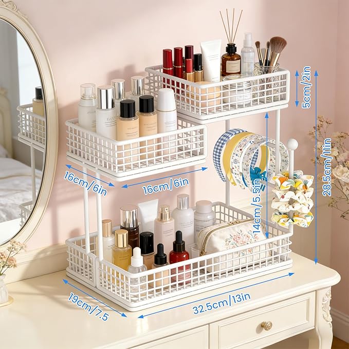 Makeup Organizer Countertop for Vanity, 3 Tier Metal Bathroom Countertop Organizers Skincare Storage Holder Perfume Cosmetic Display, Multi-Use Storage Rack for Bathroom, Kitchen & Bedroom (White)