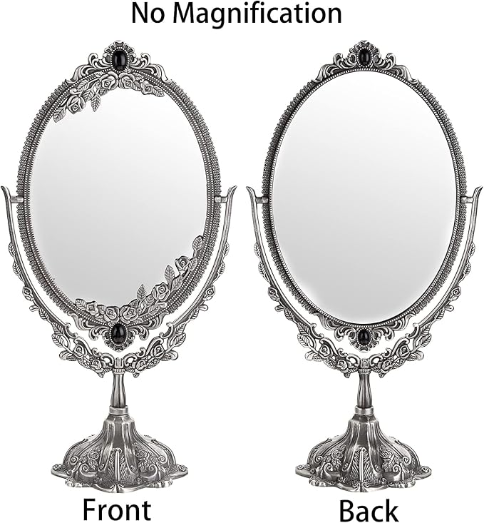JUXYES Metal Tabletop Antique Decorative Makeup Mirror with Stand, Vintage Swivel Double Sided Cosmetic Mirror with Frame, Retro Desktop Oval Dressing Mirror for Bathroom Bedroom