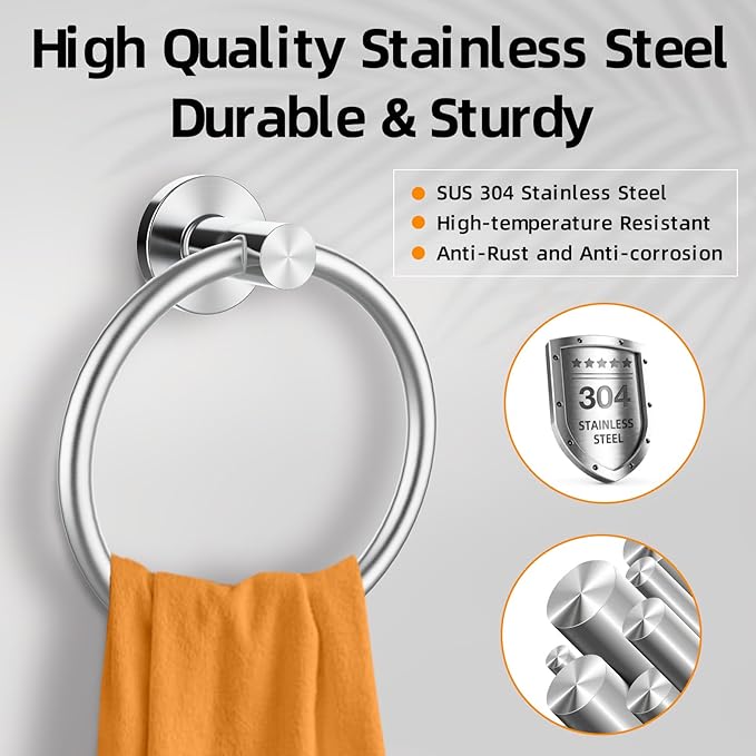 Brushed Silver Towel Ring 2Pack, SUS304 Stainless Steel Hand Towel Holder for Bathroom Kitchen, Modern Style Towel Hanger, Thicken Ring Towel Holder, Towel Rack Round Wall Mounted (2, Brushed Silver)