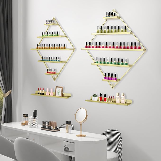 4PCS Nail Polish Storage Racks, 5-Tier Wall-Mounted Metal Cosmetic Display Case Makeup Organizer Wall Shelf for Home Spa Nail Salon Perfume Lipstick (Gold)