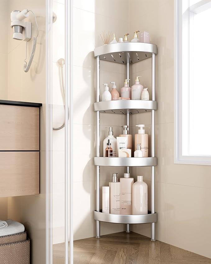 Nieifi Corner Shower Caddy Stand-4 Tier Rustproof Anodized Aluminum Standing Shower Organizer-Shower Caddy Corner-Dual Stability to Anti-Shaking-Height-Adjustable Legs for Uneven Surfaces-Silver
