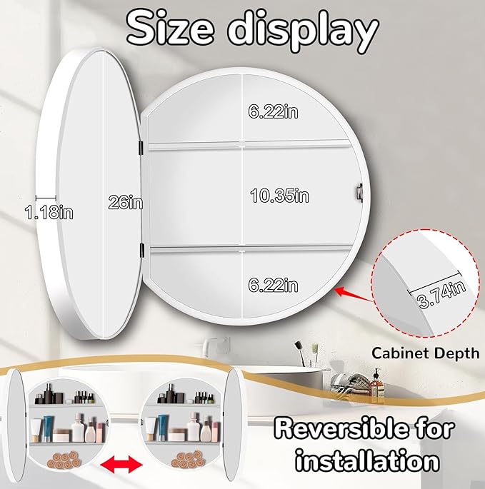 26 Inch Round Medicine Cabinet with Mirror, White Bathroom Medicine Cabinet for Wall Metal Framed, Surface Mount Only Circular Storage Cabinet with Vanity Mirror