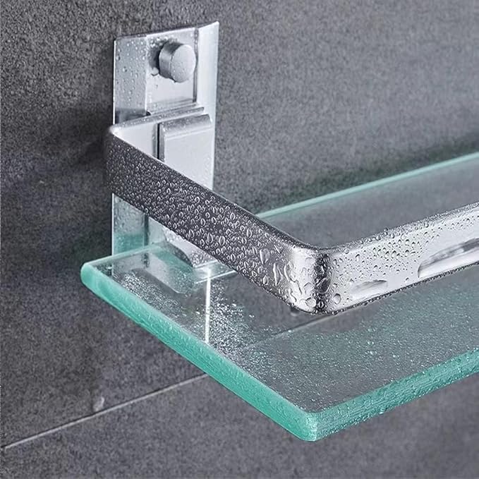 Bathroom Glass Shelf Tempered Glass Rectangular Extra Thick Aluminum Silver Sand Sprayed Wall Mounted 9.84 inches