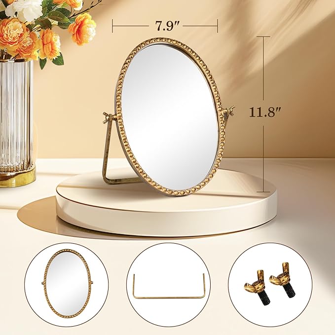 Vintage Desk Makeup Mirror, 12" L x 7.9" W Antique Gold Vanity Table Mirrors, Metal Framed Oval Small Standing Mirrors with Beaded, 360 Adjustable Rotation for Tabletop, Bedroom