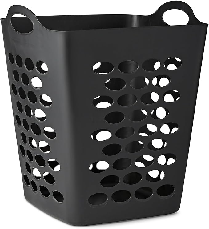 Square Laundry Hamper with Handles – Large Capacity Plastic Laundry Basket, Space-Saving Design with Ventilation Holes, Black