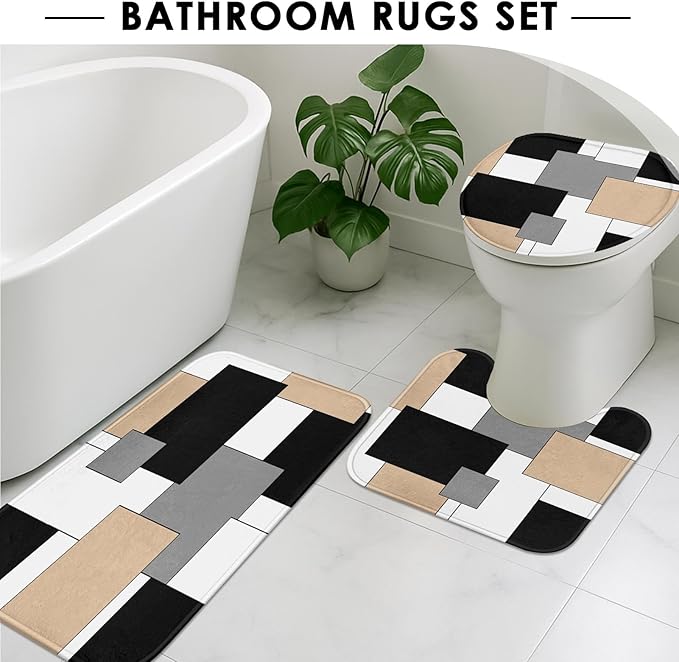 Beige Geometric Shower Curtain Set with Toilet Lid Cover and Non-Slip Rugs for Bathroom, Black Grey White Checkered 4 Pcs Shower Curtain, Modern Abstract Bathroom Set with 12 Hooks