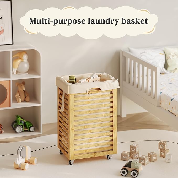 Laundry Hamper with Wheels, Laundry Basket with Liner, 85L Large bamboo wood Laundry Clothes Laundry Hamper, Liner with Handles, Dirty Clothes Storage Cart For Laundry Room, Dorm, Bedroom(Natural)