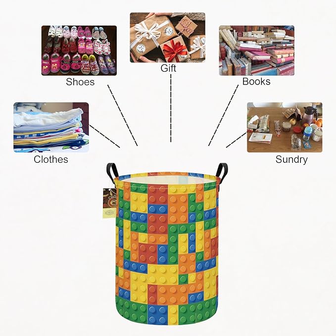 HUNRUNG Laundry Hamper,Large Canvas Fabric Lightweight Storage Basket Toy Organizer Dirty Clothes Collapsible Waterproof for College Dorms???Round-Colorful Blocks???