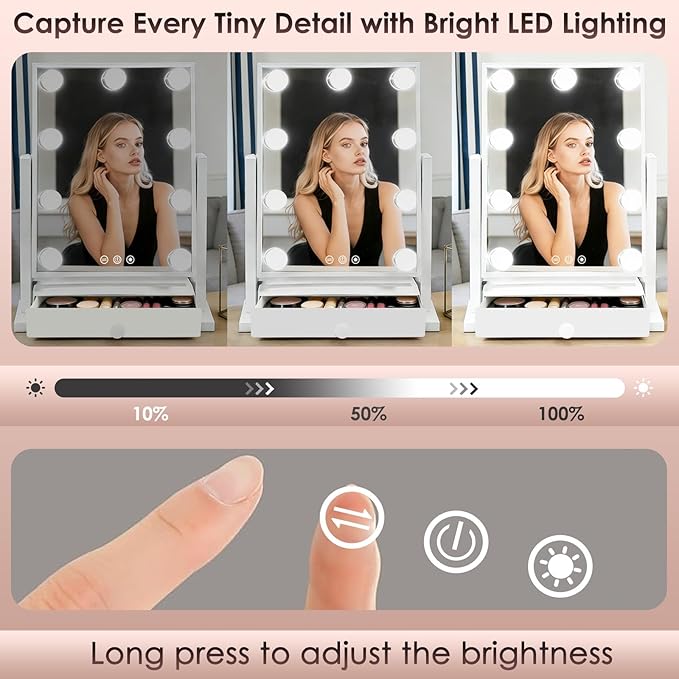 COLMERD Vanity Mirror with Lights with Drawer, Type-C and USB Charging Port, Hollywood Makeup Mirror with 9 LED Bulbs, 3 Colors Dimmable, Touch Control, Detachable 5X Magnification, Gifts for Women